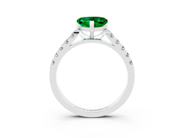 White gold Heart Cut Emerald Pavé Band Solitaire Ring with Prong Setting