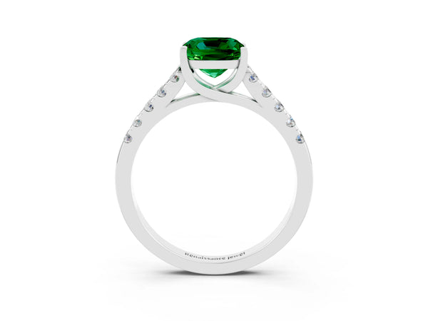 White gold Cushion Cut Emerald Pavé Band Solitaire Ring with Prong Setting