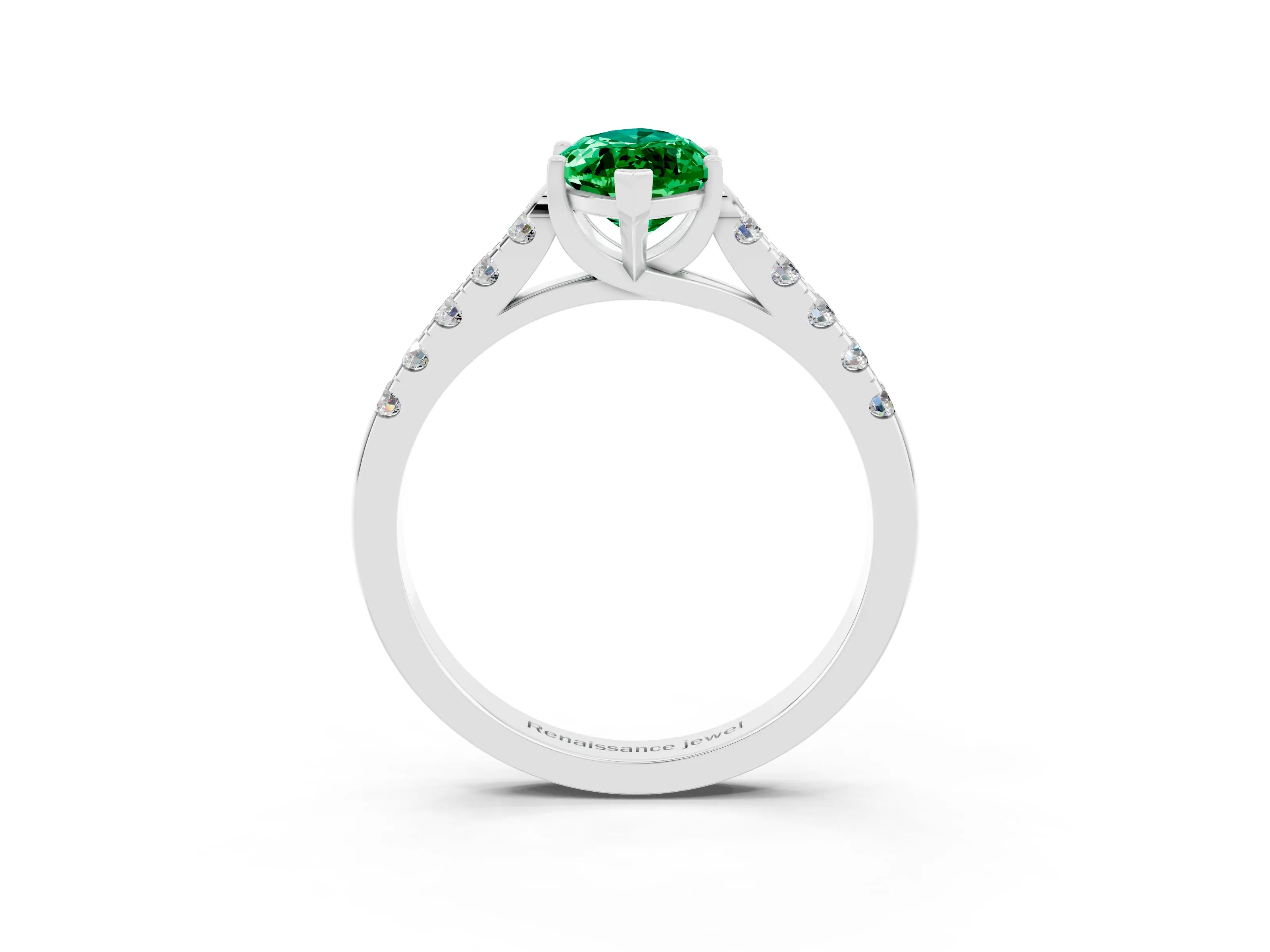 White gold {shape_name} Emerald Solitaire Ring with Pavé Band and Four-Prong Setting_15