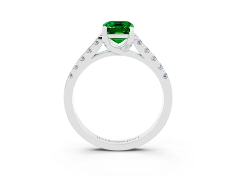 White gold {shape_name} Emerald Solitaire Ring with Pavé Band and Four-Prong Setting_15
