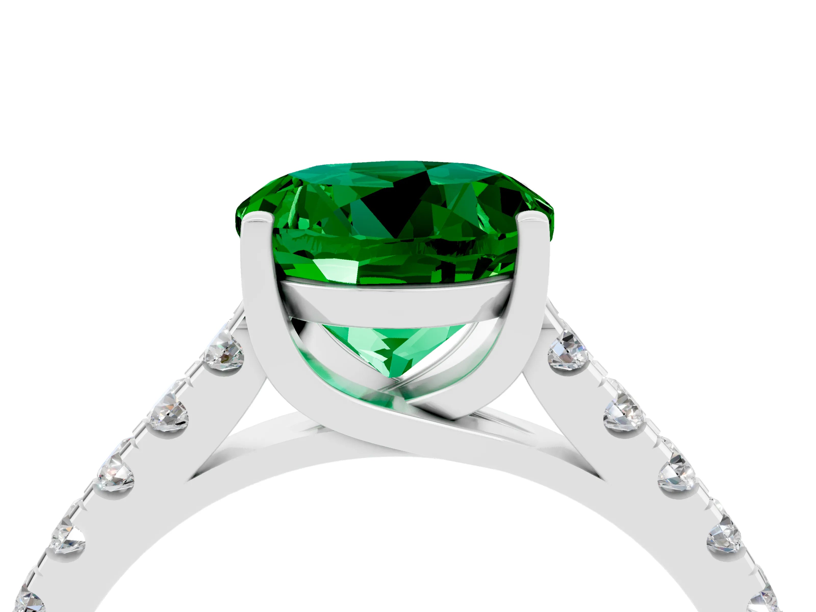 White gold {shape_name} Emerald Solitaire Ring with Pavé Band and Four-Prong Setting_16