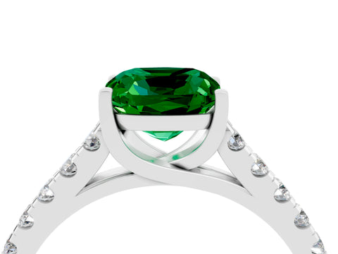 White gold {shape_name} Emerald Solitaire Ring with Pavé Band and Four-Prong Setting_16