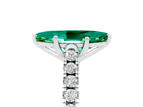 White gold {shape_name} Emerald Solitaire Ring with Pavé Band and Four-Prong Setting_17