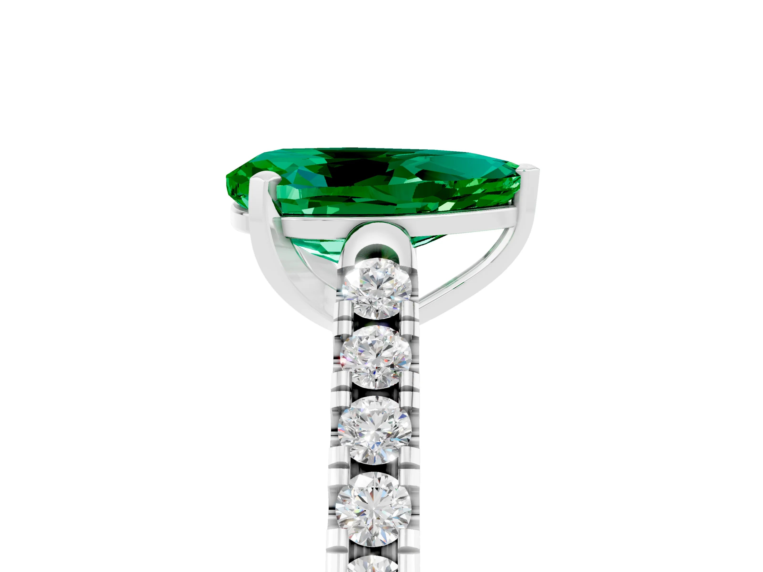 White gold {shape_name} Emerald Solitaire Ring with Pavé Band and Four-Prong Setting_17