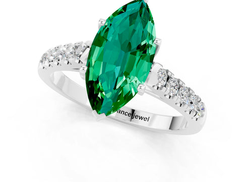 White gold {shape_name} Emerald Solitaire Ring with Pavé Band and Four-Prong Setting_1