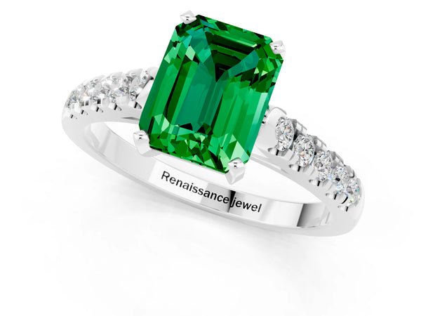 Silver Emerald Cut Emerald Pavé Band Solitaire Ring with Prong Setting