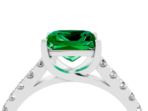 White gold {shape_name} Emerald Solitaire Ring with Pavé Band and Four-Prong Setting_1
