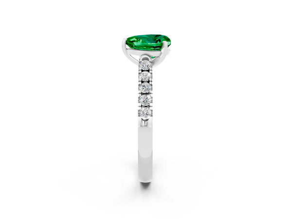 Silver Heart Cut Emerald Pavé Band Solitaire Ring with Prong Setting