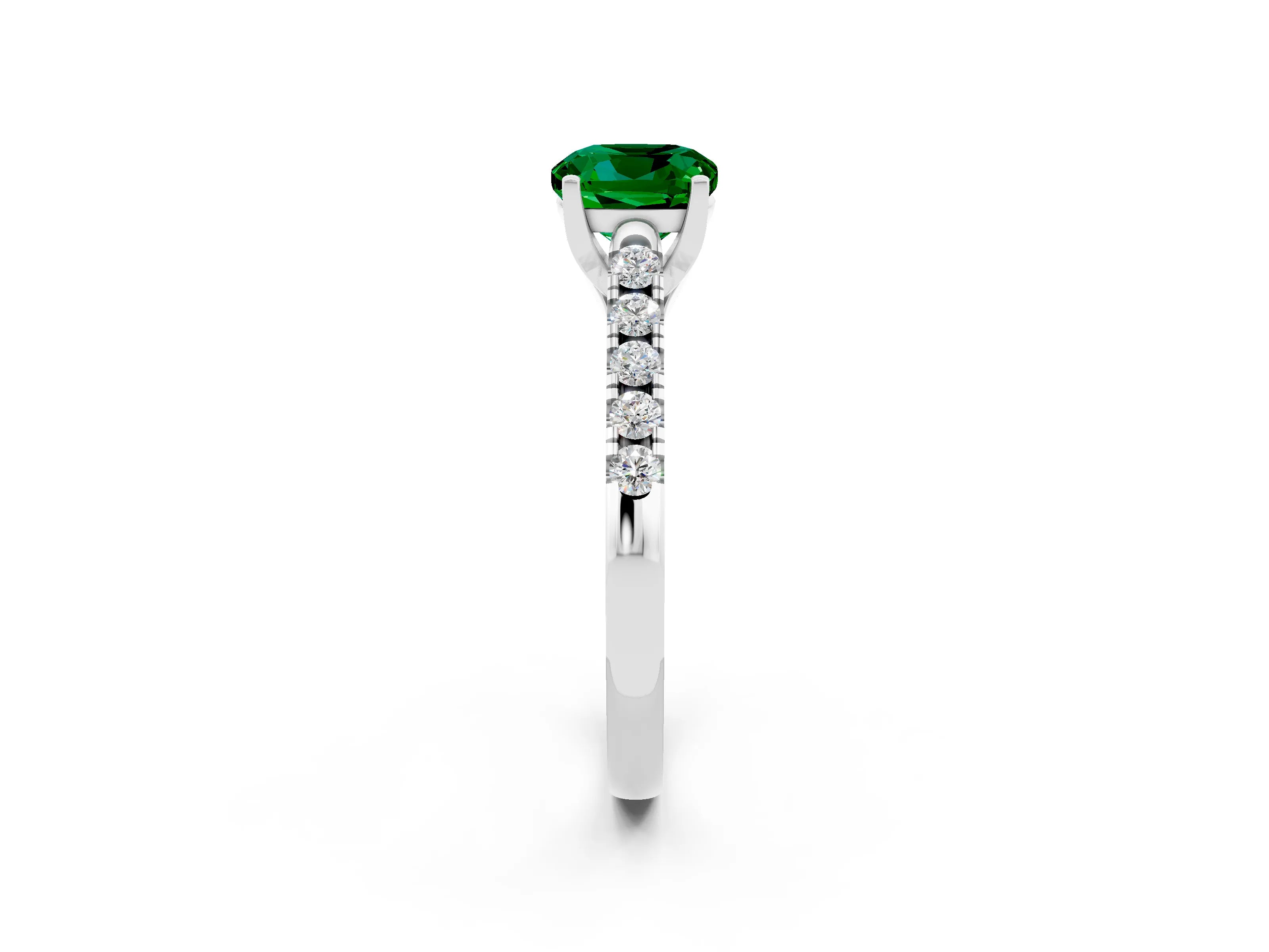 White gold {shape_name} Emerald Solitaire Ring with Pavé Band and Four-Prong Setting_2