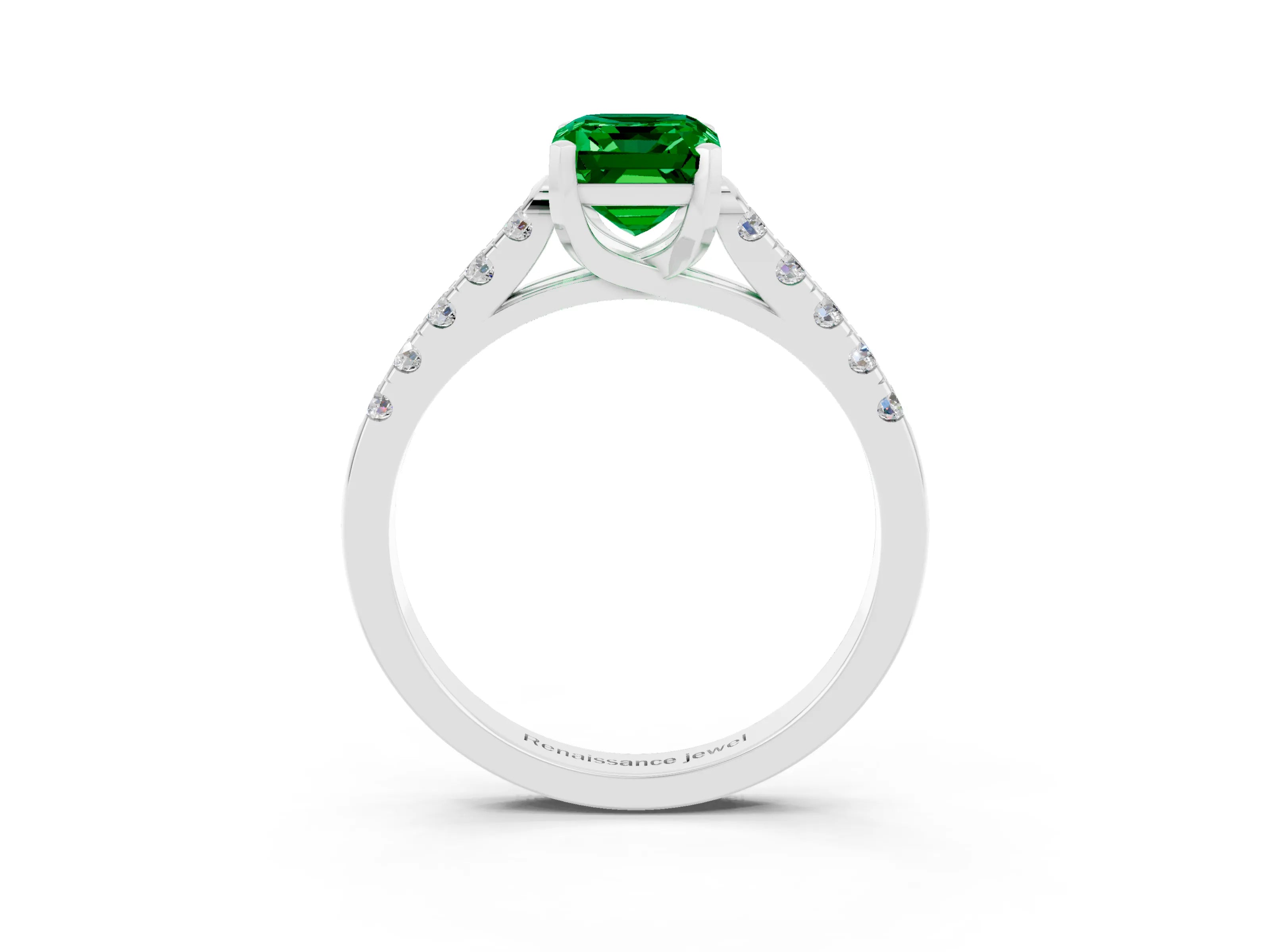 White gold {shape_name} Emerald Solitaire Ring with Pavé Band and Four-Prong Setting_3