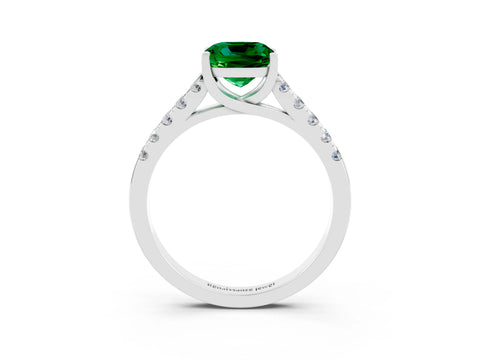 White gold {shape_name} Emerald Solitaire Ring with Pavé Band and Four-Prong Setting_3