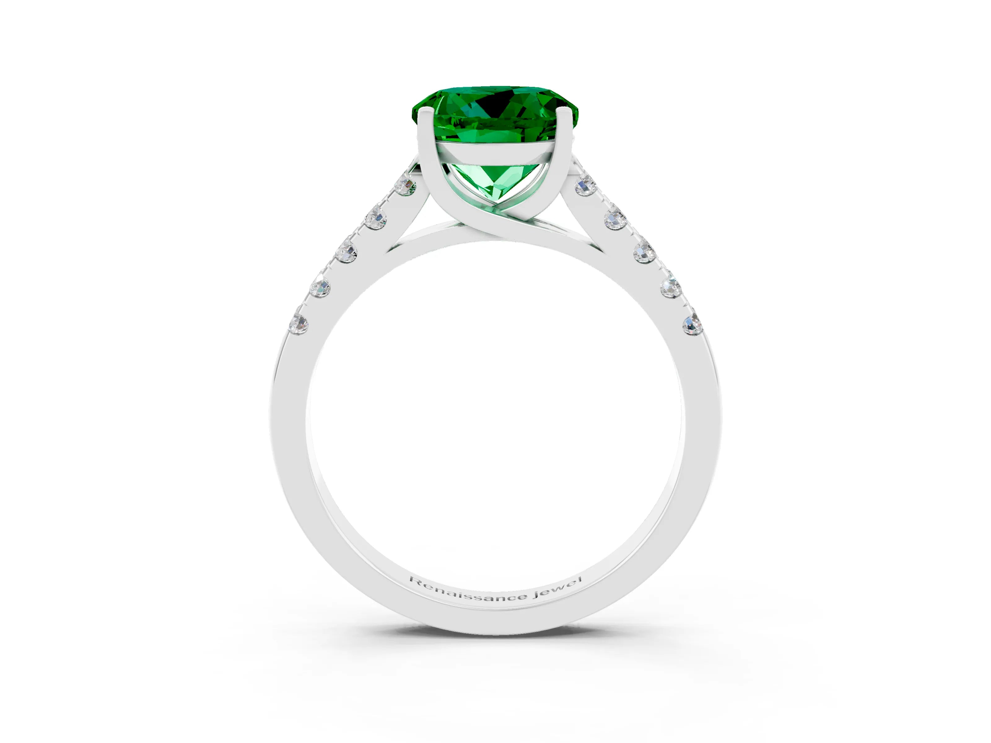 White gold {shape_name} Emerald Solitaire Ring with Pavé Band and Four-Prong Setting_3