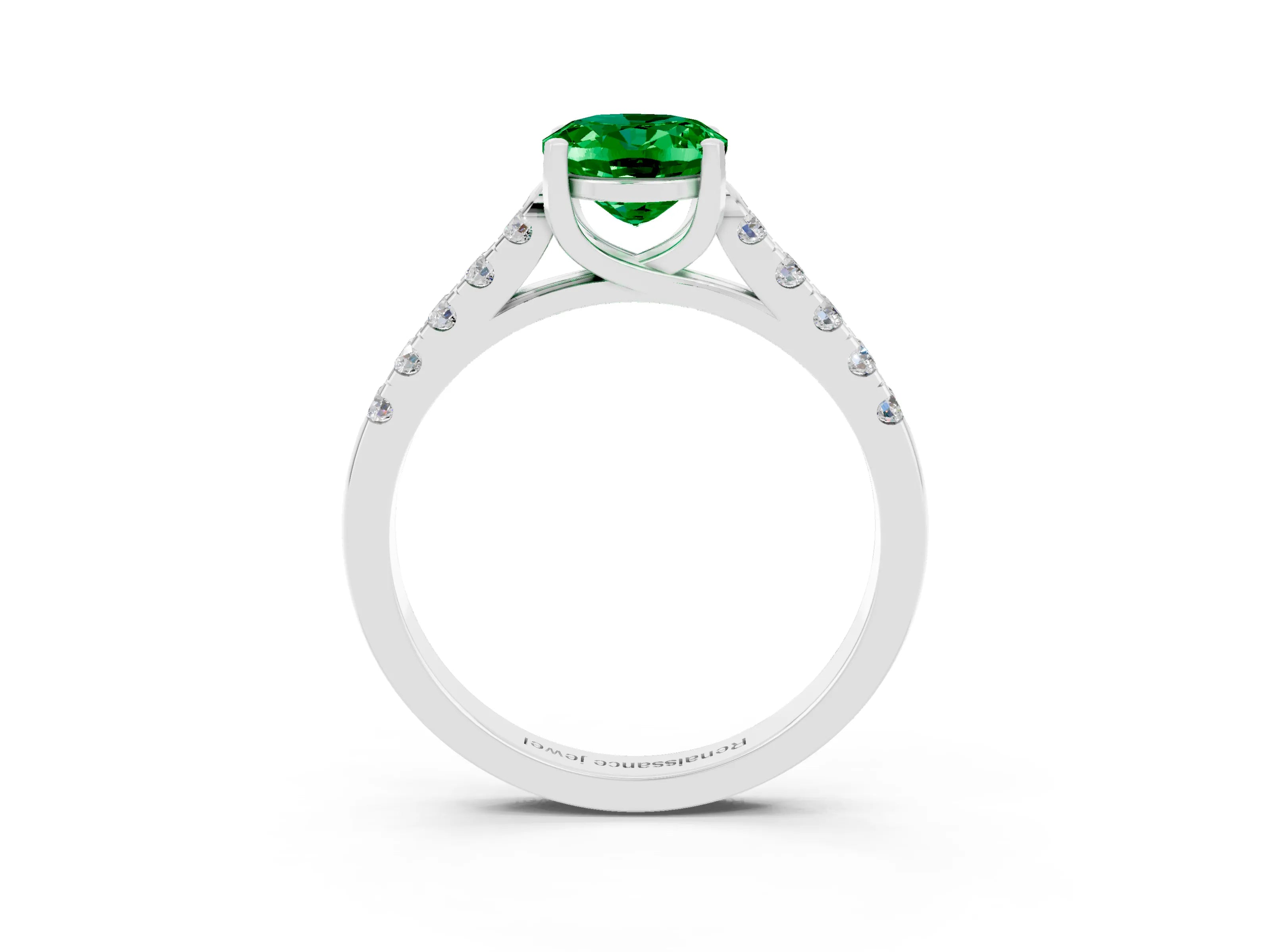 White gold {shape_name} Emerald Solitaire Ring with Pavé Band and Four-Prong Setting_3