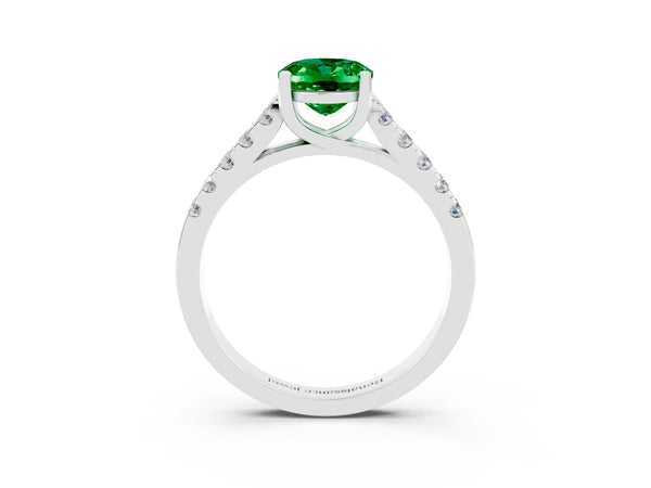 Silver Oval Cut Emerald Pavé Band Solitaire Ring with Prong Setting