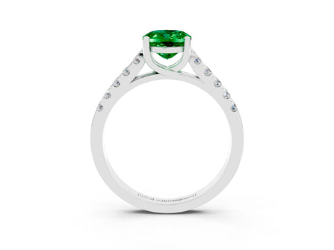 White gold {shape_name} Emerald Solitaire Ring with Pavé Band and Four-Prong Setting_3