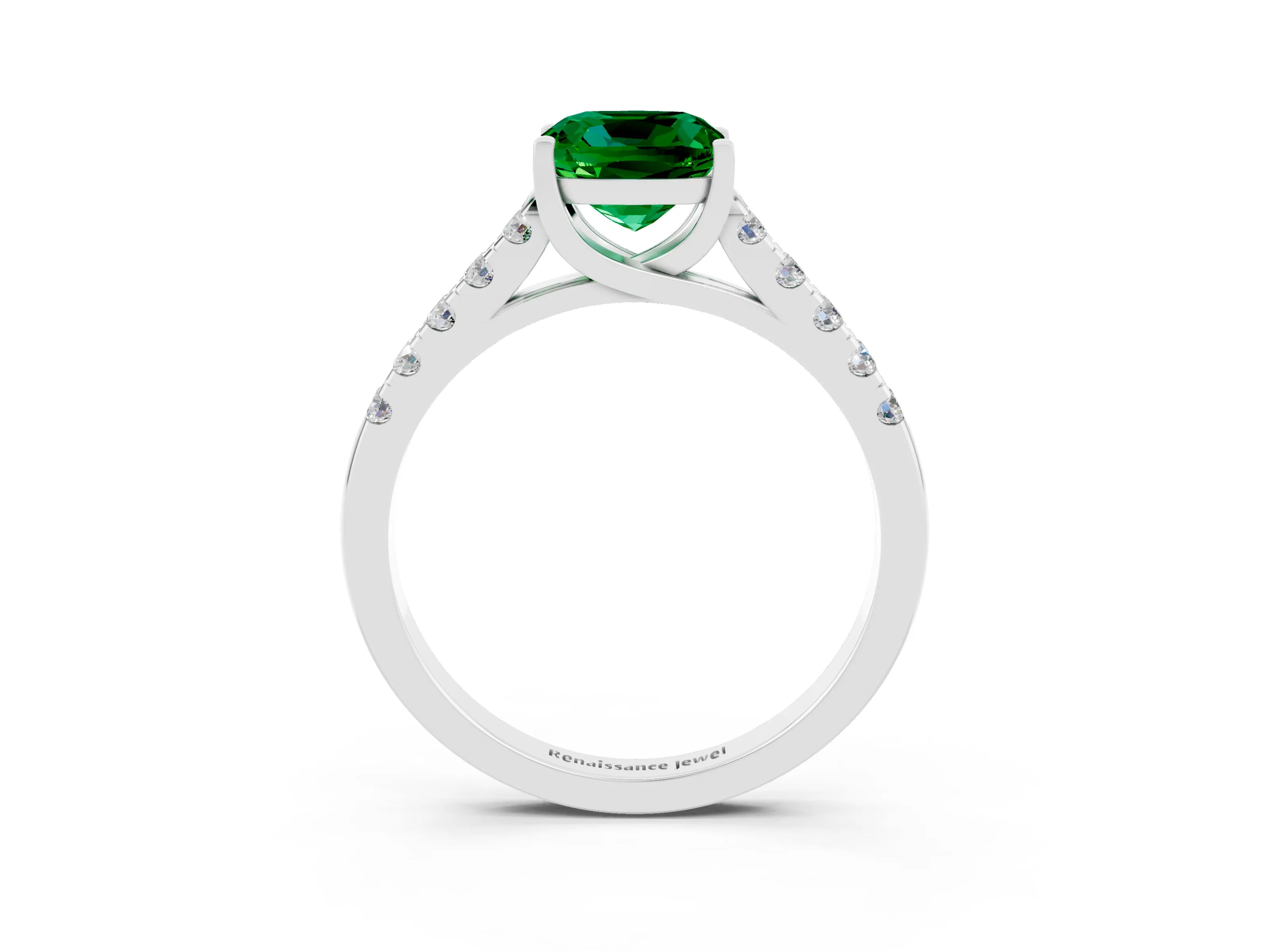 White gold {shape_name} Emerald Solitaire Ring with Pavé Band and Four-Prong Setting_3