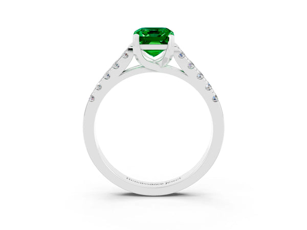 Silver Emerald Cut Emerald Pavé Band Solitaire Ring with Prong Setting
