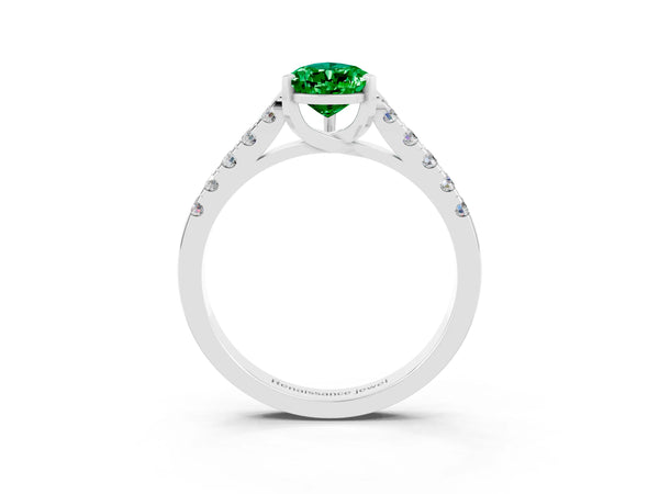 Silver Pear Cut Emerald Pavé Band Solitaire Ring with Prong Setting