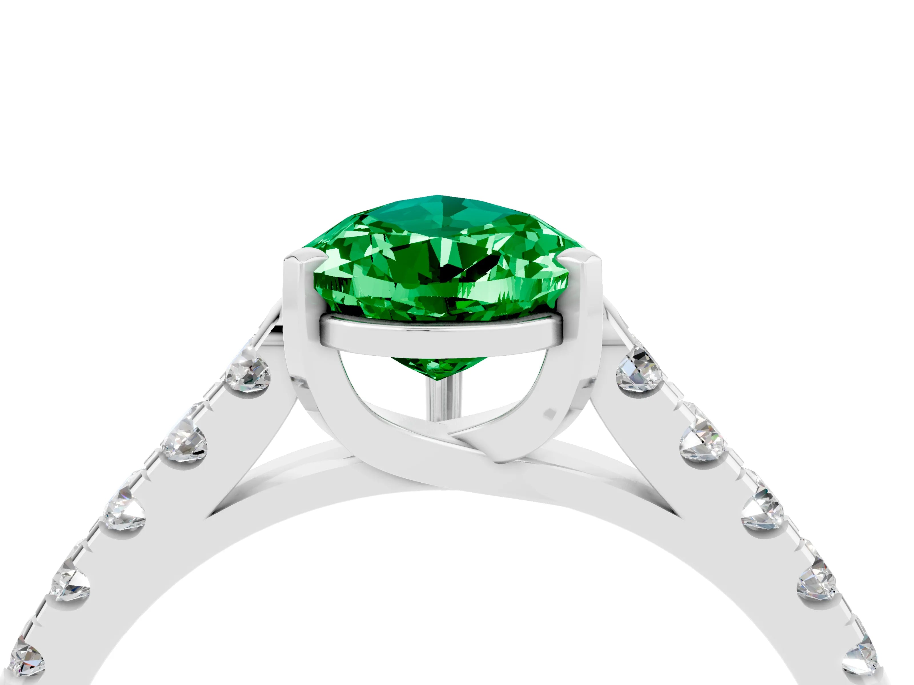 White gold {shape_name} Emerald Solitaire Ring with Pavé Band and Four-Prong Setting_4