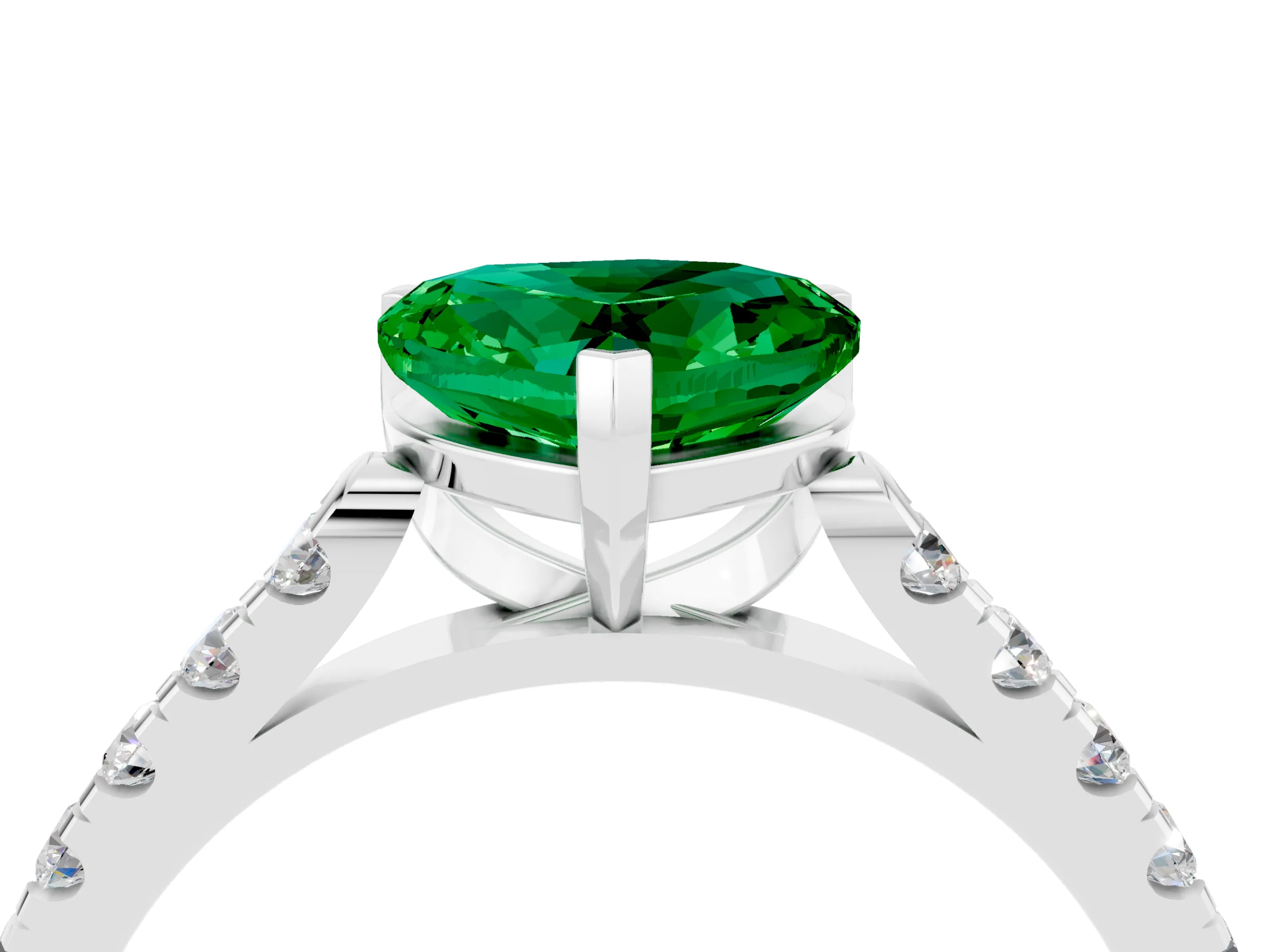 White gold {shape_name} Emerald Solitaire Ring with Pavé Band and Four-Prong Setting_4