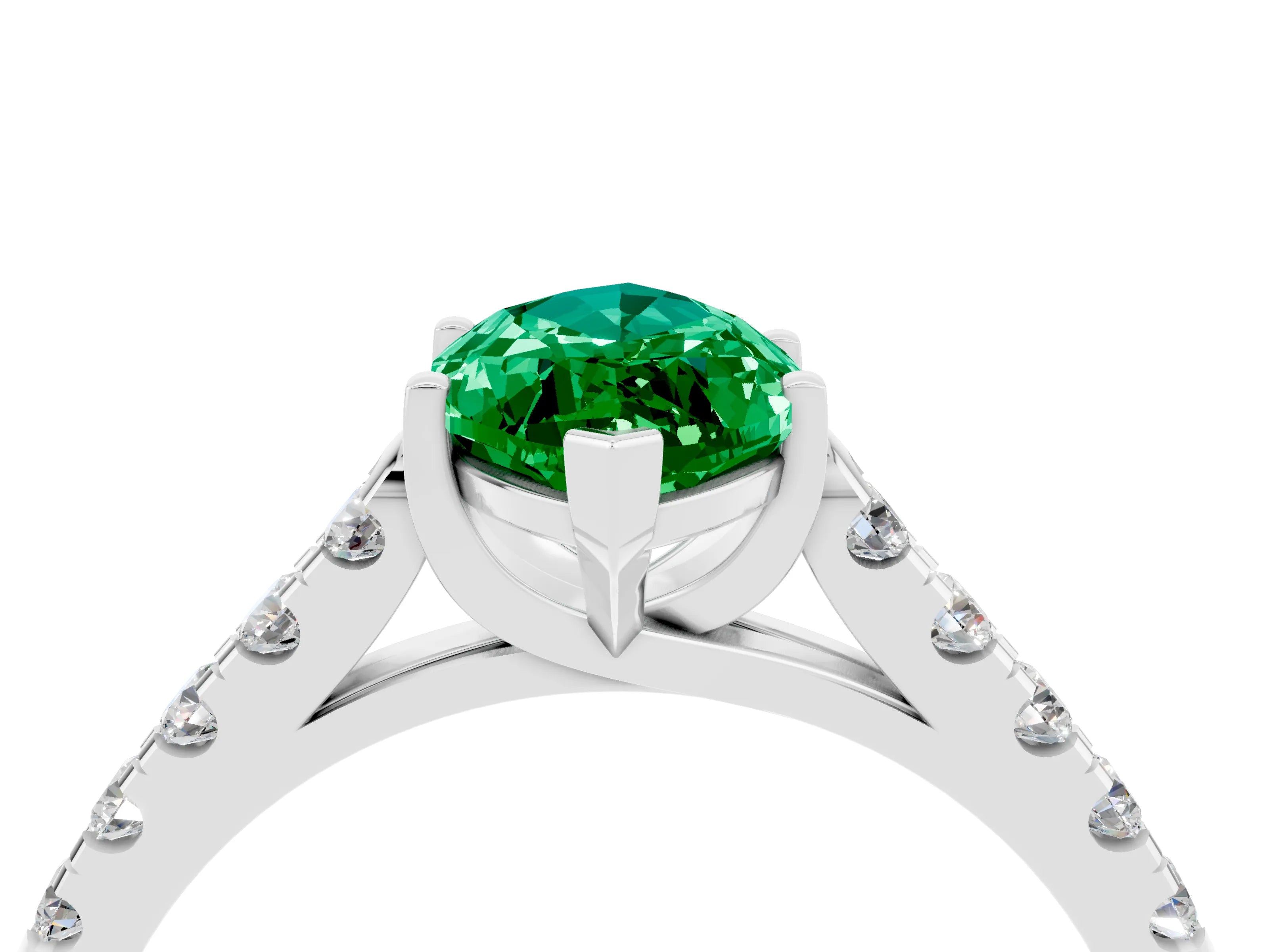 White gold {shape_name} Emerald Solitaire Ring with Pavé Band and Four-Prong Setting_4
