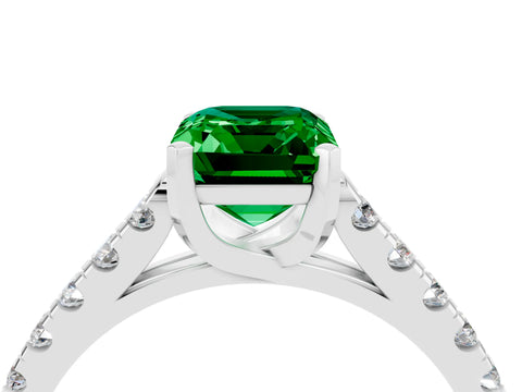 White gold {shape_name} Emerald Solitaire Ring with Pavé Band and Four-Prong Setting_4