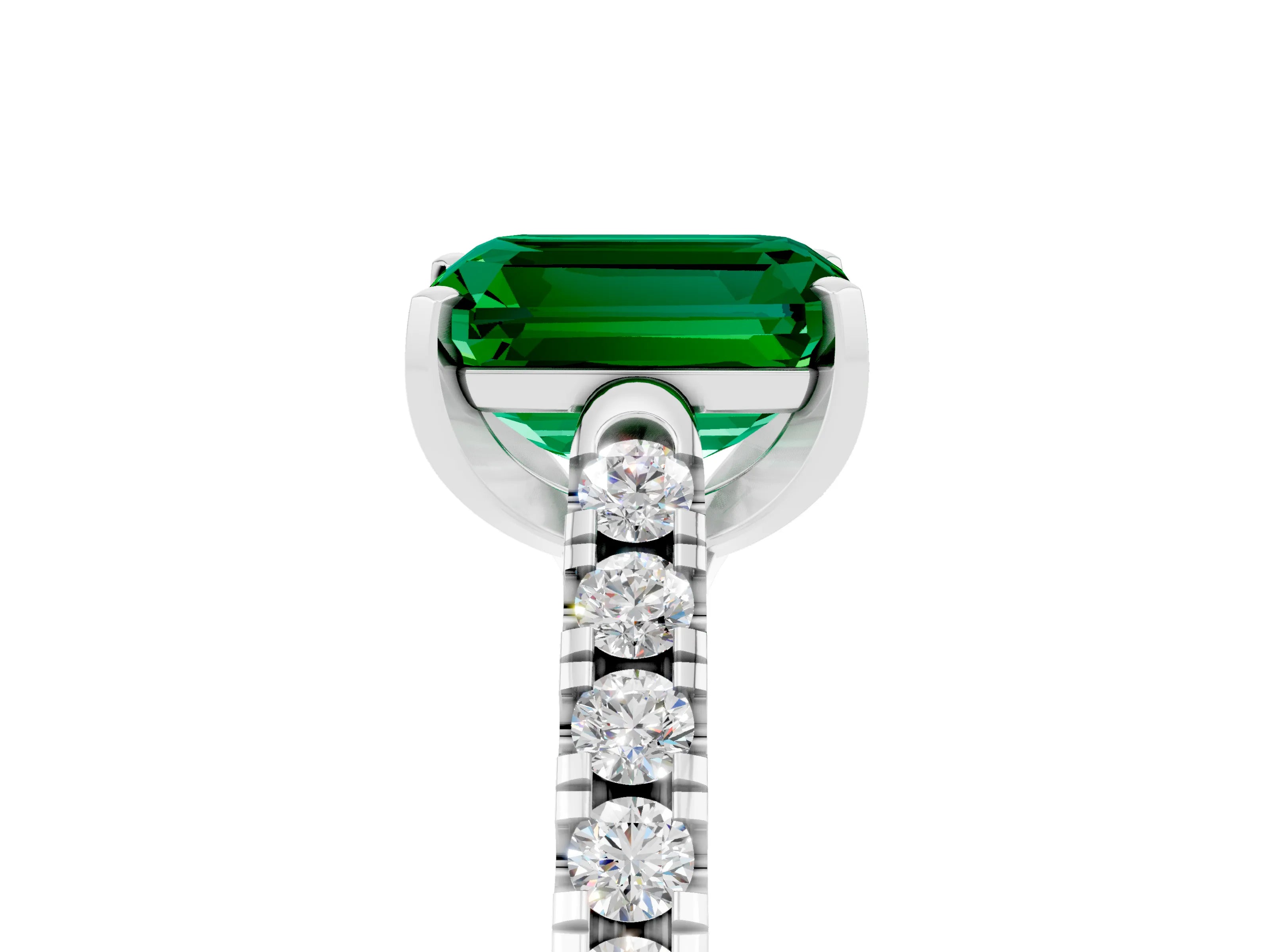 White gold {shape_name} Emerald Solitaire Ring with Pavé Band and Four-Prong Setting_5