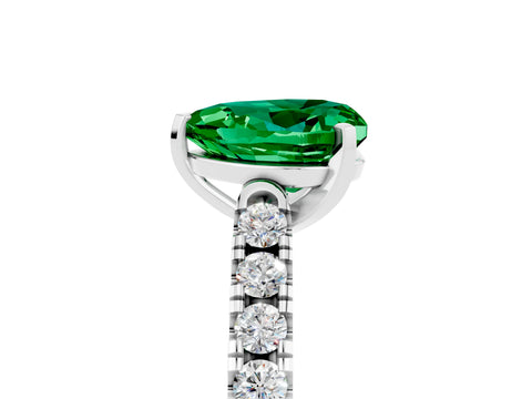 White gold {shape_name} Emerald Solitaire Ring with Pavé Band and Four-Prong Setting_5