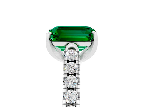 White gold {shape_name} Emerald Solitaire Ring with Pavé Band and Four-Prong Setting_5