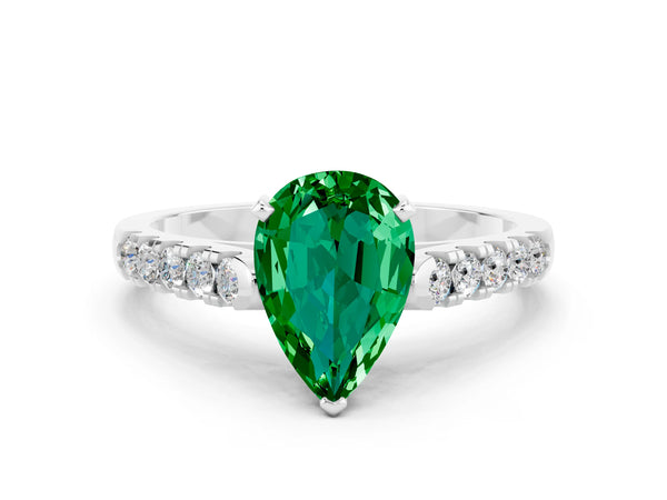 Platinum Pear Cut Emerald Pavé Band Solitaire Ring with Prong Setting