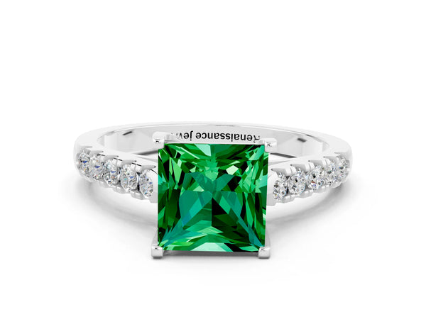 Silver Princess Cut Emerald Pavé Band Solitaire Ring with Prong Setting