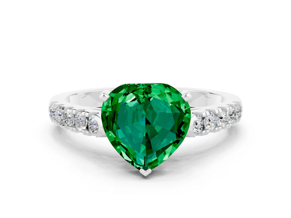 Silver Heart Cut Emerald Pavé Band Solitaire Ring with Prong Setting