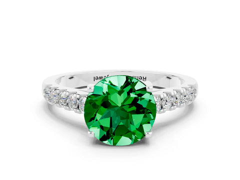 White gold {shape_name} Emerald Solitaire Ring with Pavé Band and Four-Prong Setting