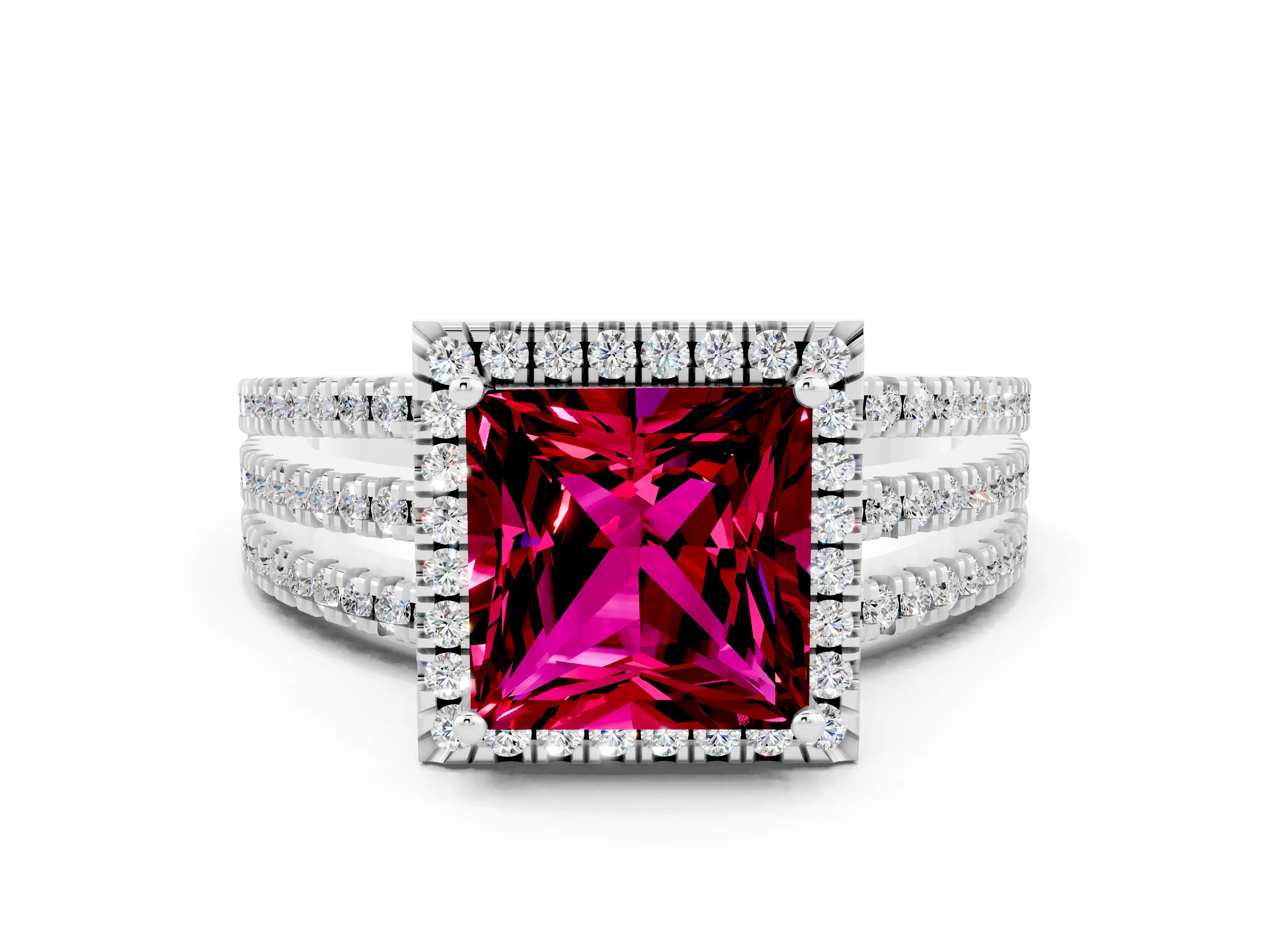 White gold {shape_name} Garnet Halo Engagement Ring with Split Shank and Four-Prong Setting