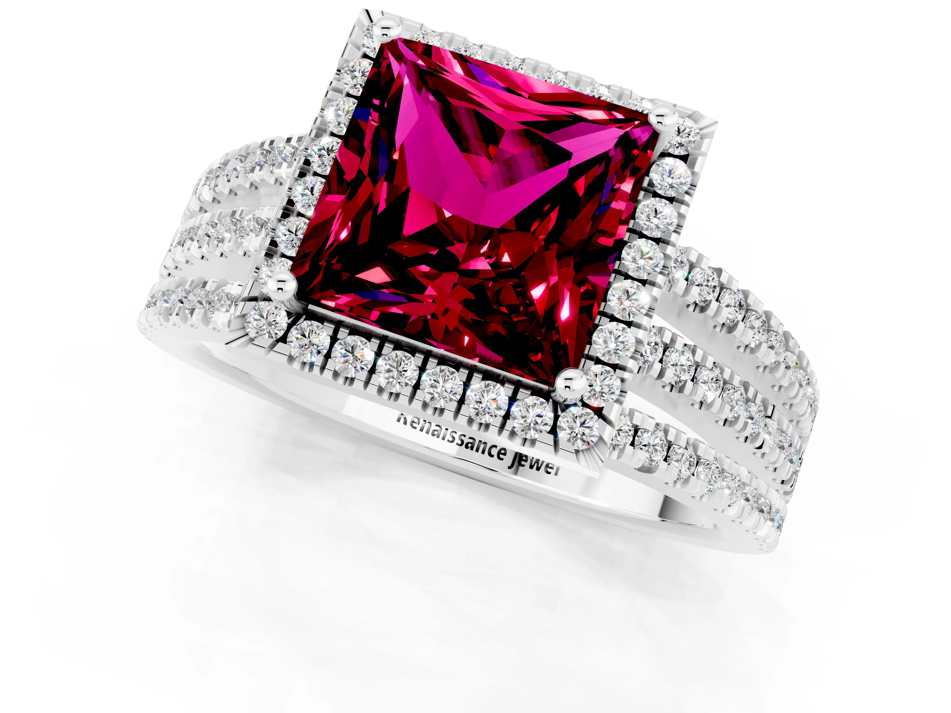 White gold {shape_name} Garnet Halo Engagement Ring with Split Shank and Four-Prong Setting_1