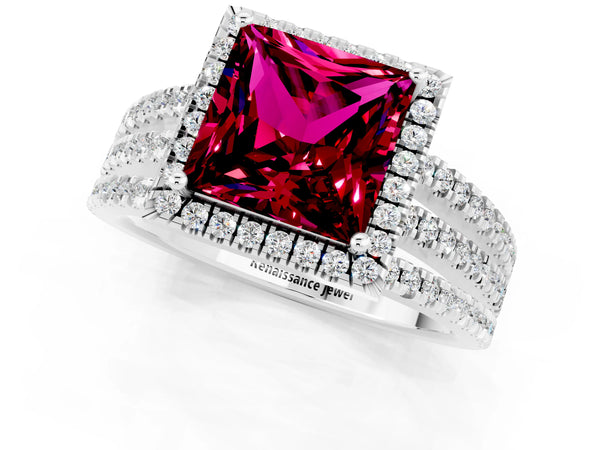 Platinum Princess Cut Garnet Halo Engagement Ring with Split Shank and Four-Prong Setting