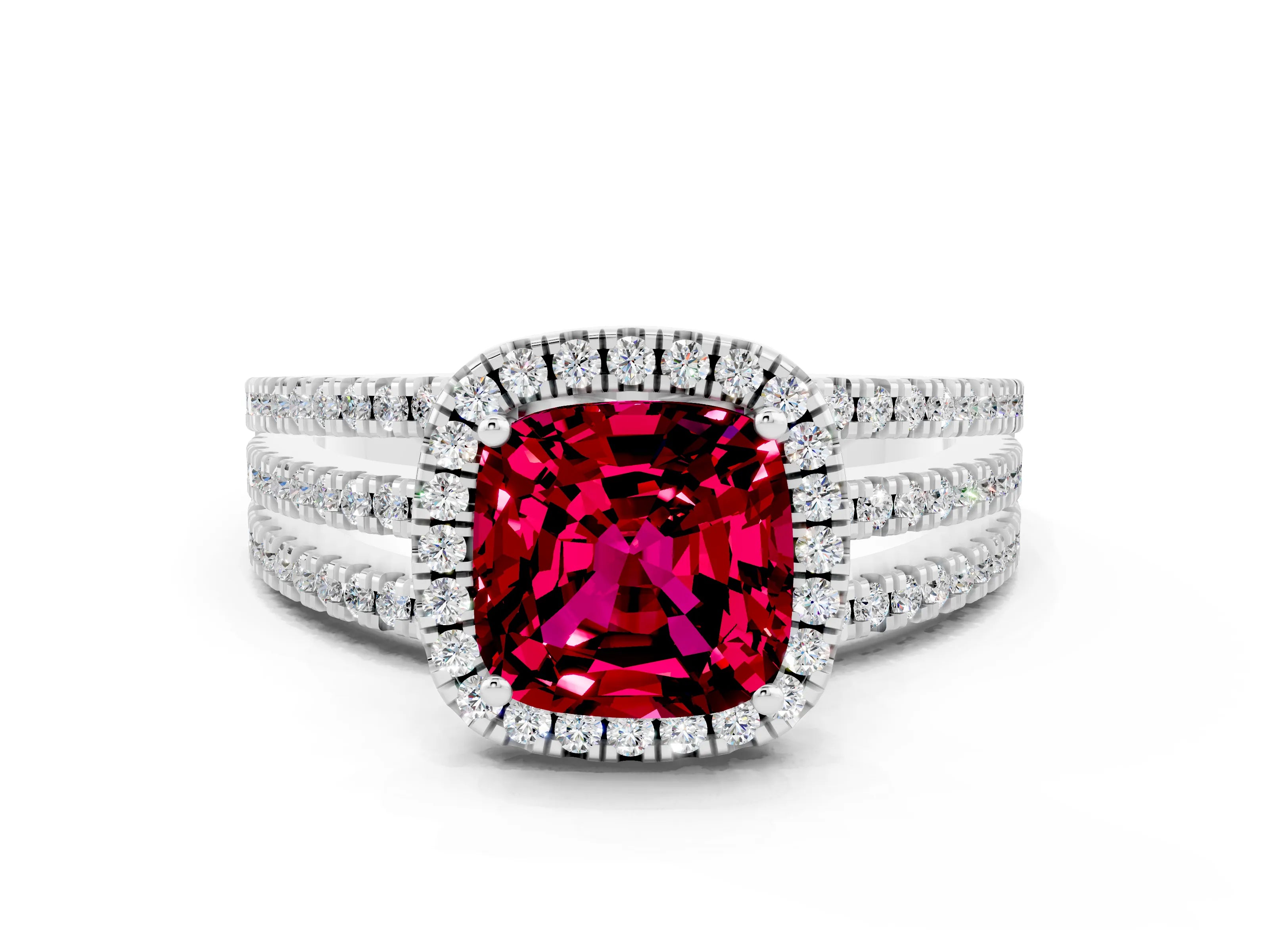 White gold {shape_name} Garnet Halo Engagement Ring with Split Shank and Four-Prong Setting_12