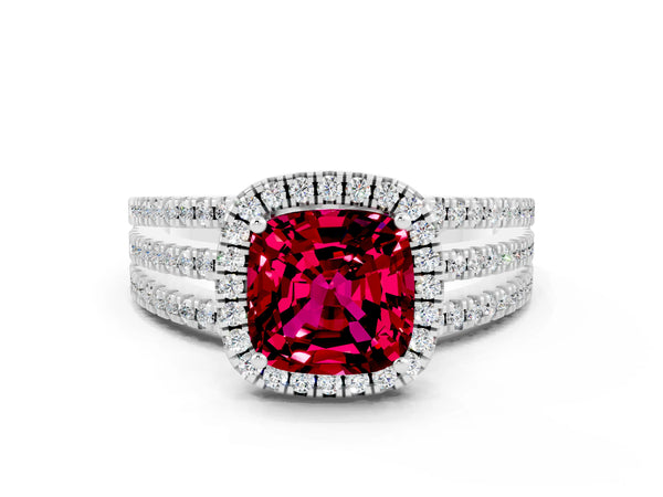 White gold Cushion Cut Garnet Halo Engagement Ring with Split Shank and Four-Prong Setting