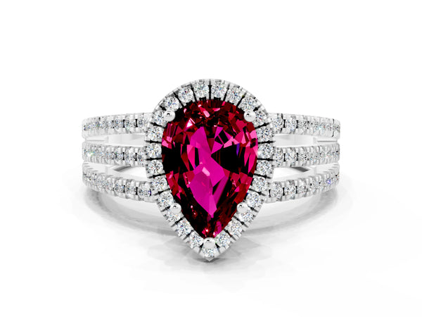 White gold Pear Cut Garnet Halo Engagement Ring with Split Shank and Four-Prong Setting