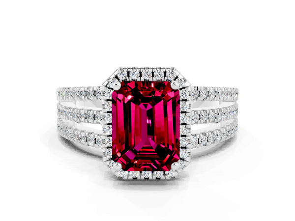 White gold Emerald Cut Garnet Halo Engagement Ring with Split Shank and Four-Prong Setting