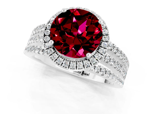 White gold Round Cut Garnet Halo Engagement Ring with Split Shank and Four-Prong Setting