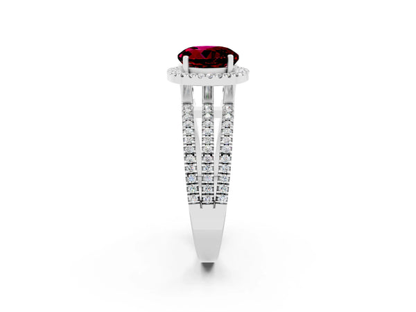 White gold Round Cut Garnet Halo Engagement Ring with Split Shank and Four-Prong Setting