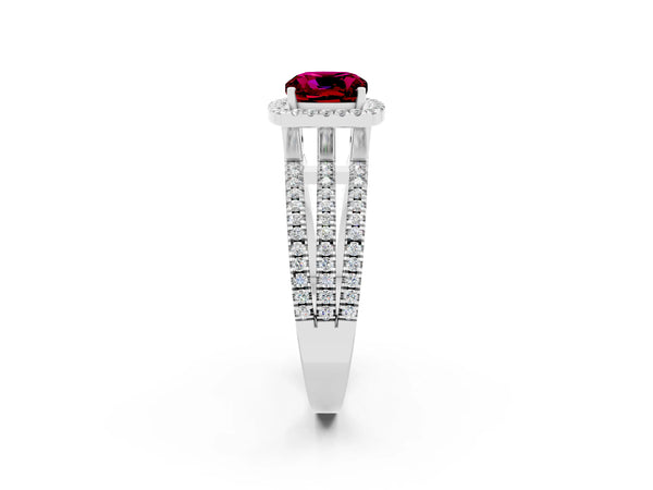 White gold Cushion Cut Garnet Halo Engagement Ring with Split Shank and Four-Prong Setting