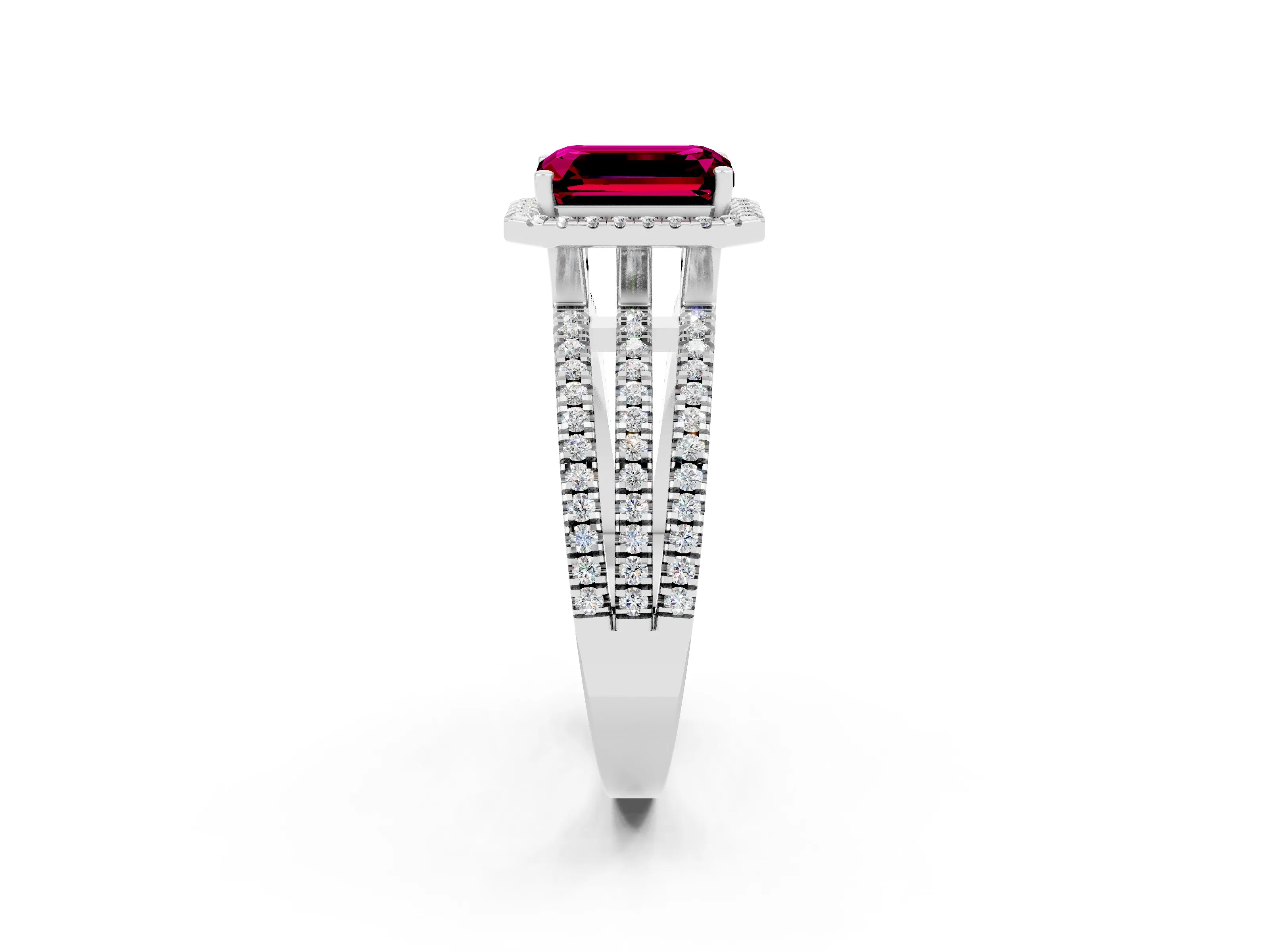 White gold {shape_name} Garnet Halo Engagement Ring with Split Shank and Four-Prong Setting_14