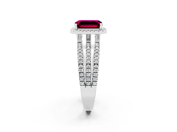 White gold Emerald Cut Garnet Halo Engagement Ring with Split Shank and Four-Prong Setting