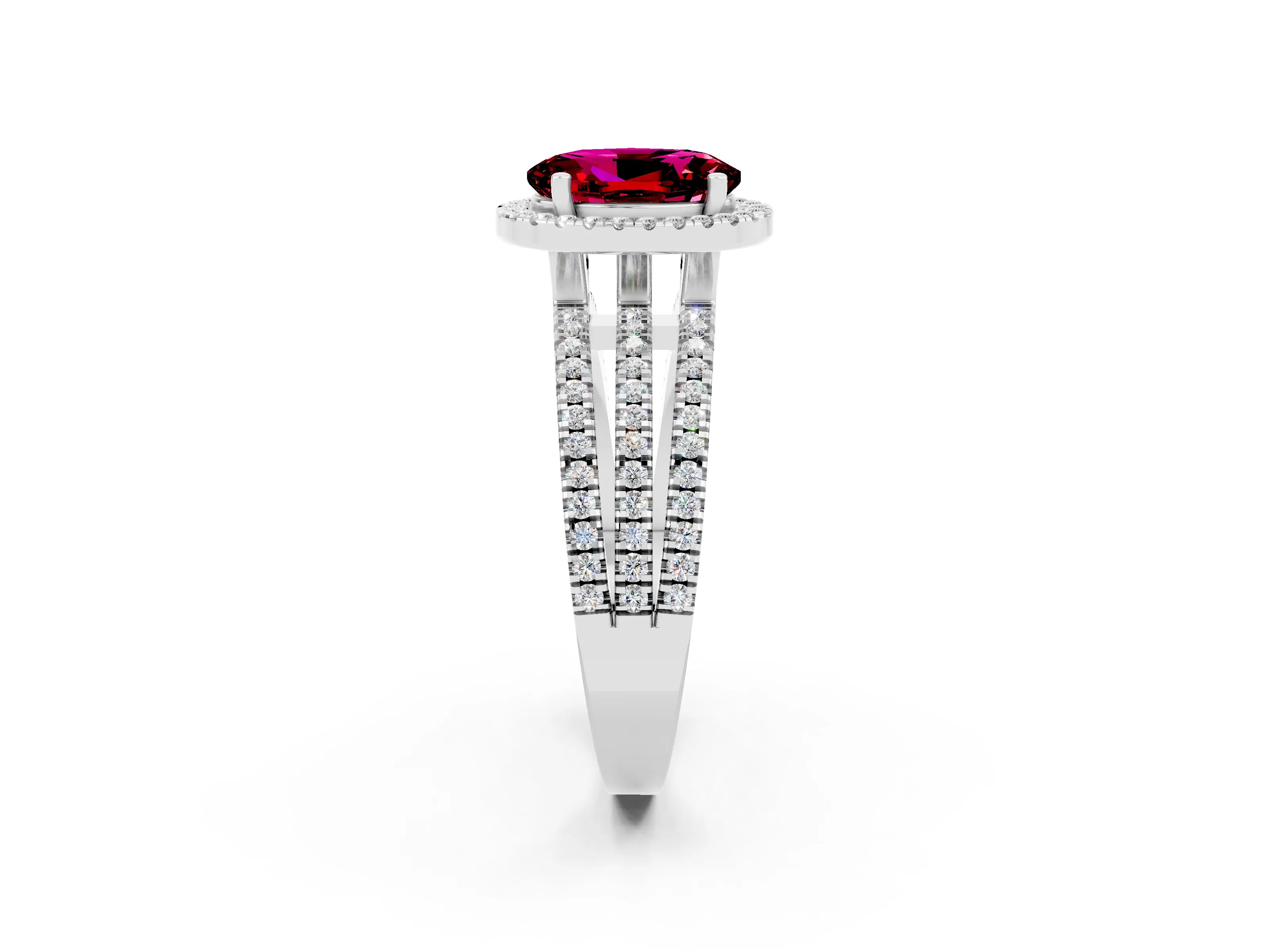 White gold {shape_name} Garnet Halo Engagement Ring with Split Shank and Four-Prong Setting_14
