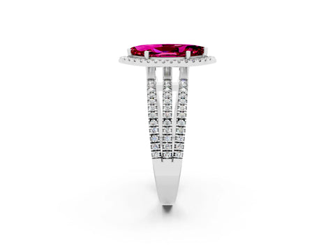 White gold {shape_name} Garnet Halo Engagement Ring with Split Shank and Four-Prong Setting_14