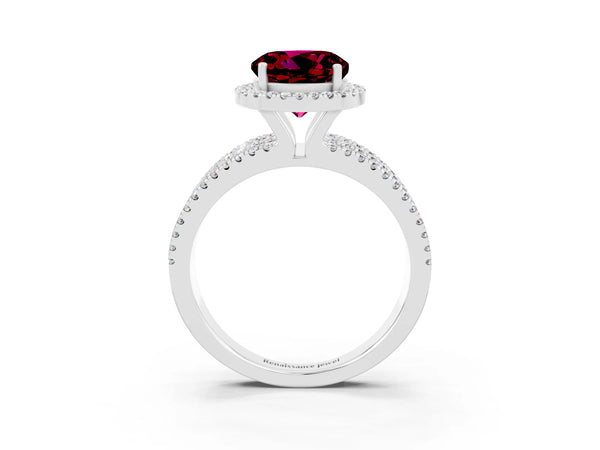 White gold Round Cut Garnet Halo Engagement Ring with Split Shank and Four-Prong Setting