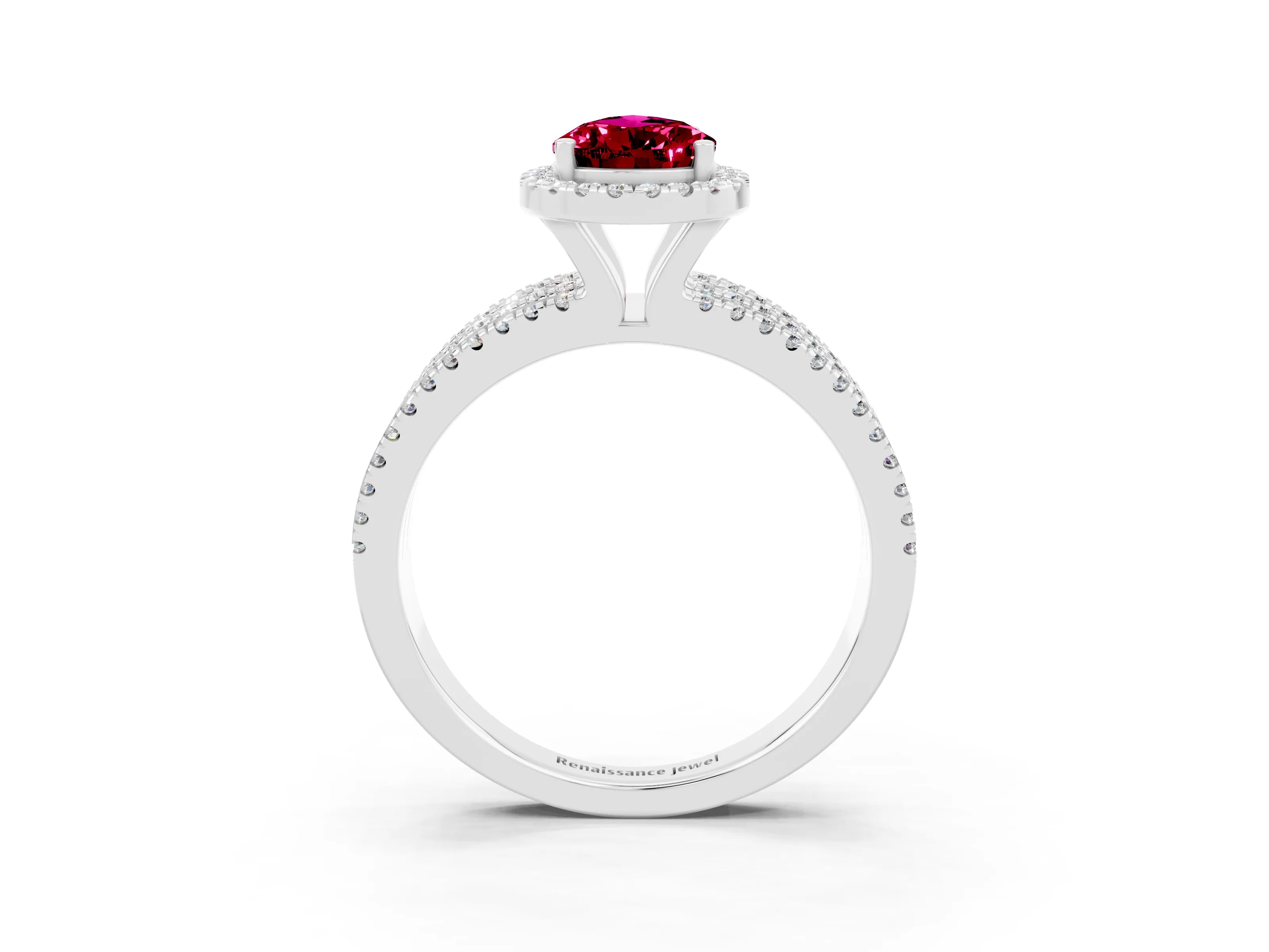 White gold {shape_name} Garnet Halo Engagement Ring with Split Shank and Four-Prong Setting_15