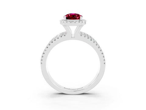 White gold {shape_name} Garnet Halo Engagement Ring with Split Shank and Four-Prong Setting_15